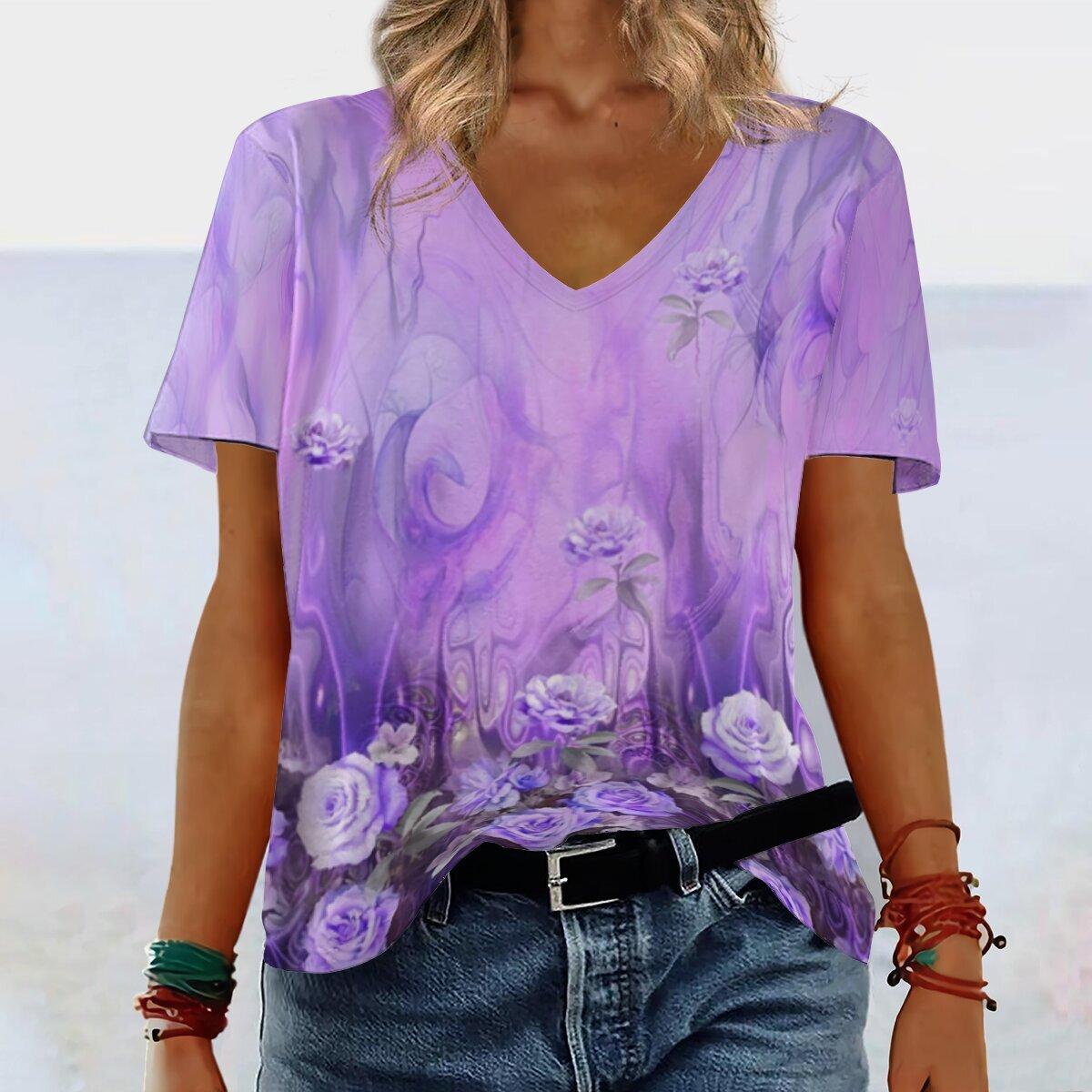 

Women s T-shirt Summer Flower 3D Printed V-neck Short Sleeved T-shirt XS