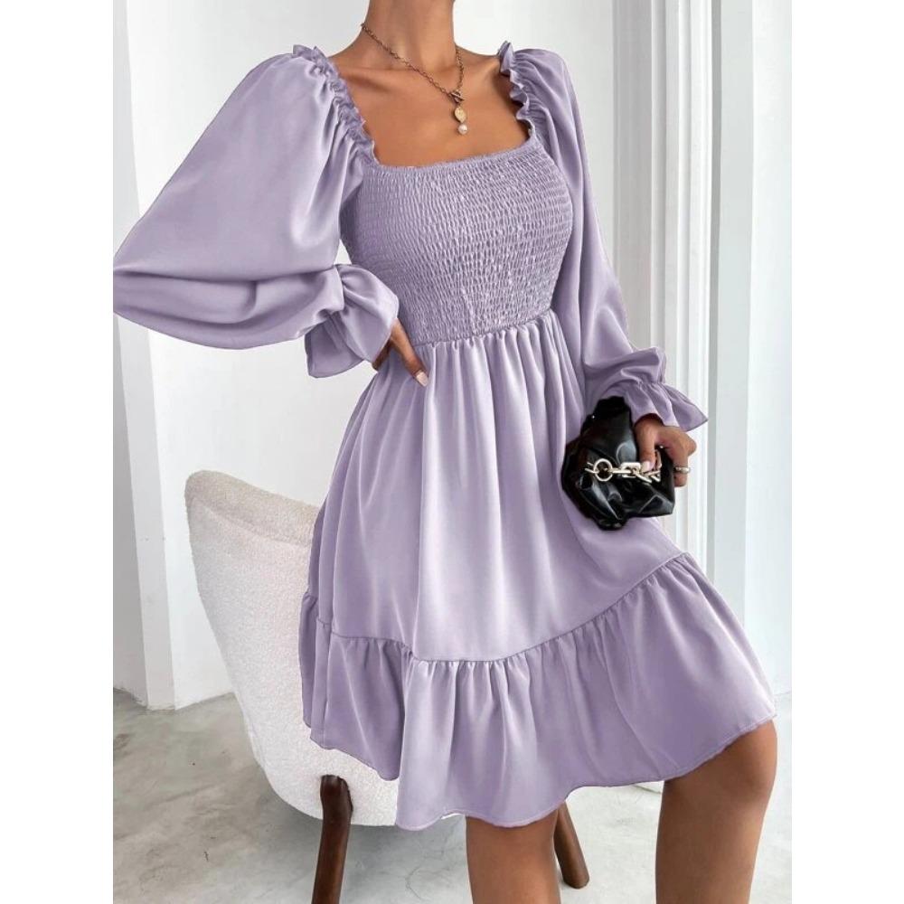 European and American French Simple Square Collar Parallel Crepe Sewing Body Ruffled Hem Dress