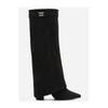 Knee High PU Leather Pull on Boots Fashionable Comfortable Fold Over Knee High Boots for Women Covered Wedge Heel Wide Calf Boot