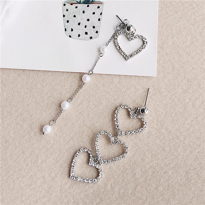 

Fashion Full Rhinestone Heart Earrings For Women Simulated Pearl Asymmetrical Earrings Drop срібний