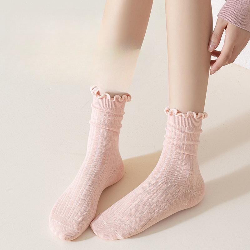 Boneless Socks, Women's Summer Breathable Cotton Socks, Solid Color Mid-calf Socks, Black Fungus Lace, Spring and Autumn Pile Socks