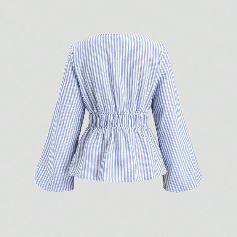 2025 New Autumn Women's Spliced V-neck Temperament Striped Long-sleeved Lace-up Shirt
