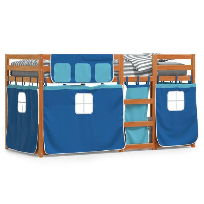 VidaXL Lit superposé avec rideaux bleu 90x200 cm bois pin massif, lit, cadre de lit, lit superposé bas, meuble de chambre à 3283947