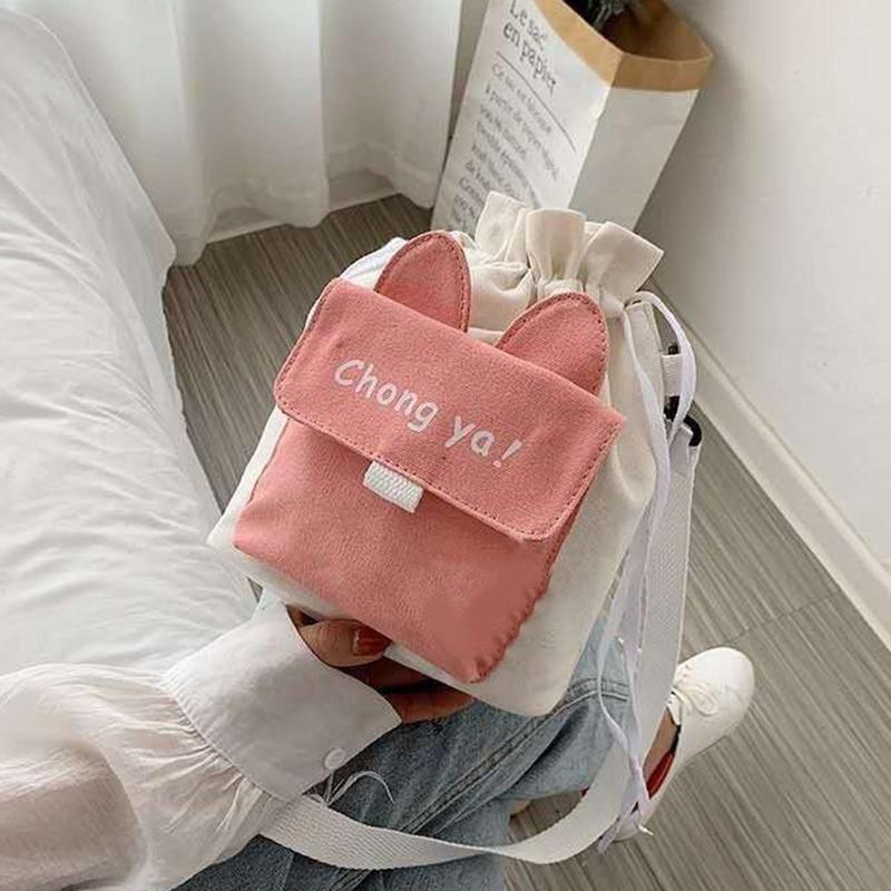 Cute Canvas Bag New Solid Color, Small Ear Crossbody Bag Women's Ins Style Large Capacity Crossbody Bag
