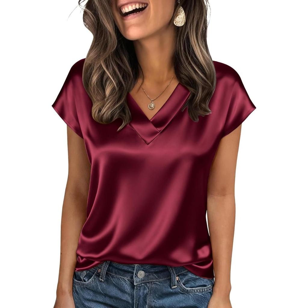 Summer, Satin Complexion, V-neck, Shirt Collar, Women's, Short Sleeved, Top, Women's Clothing