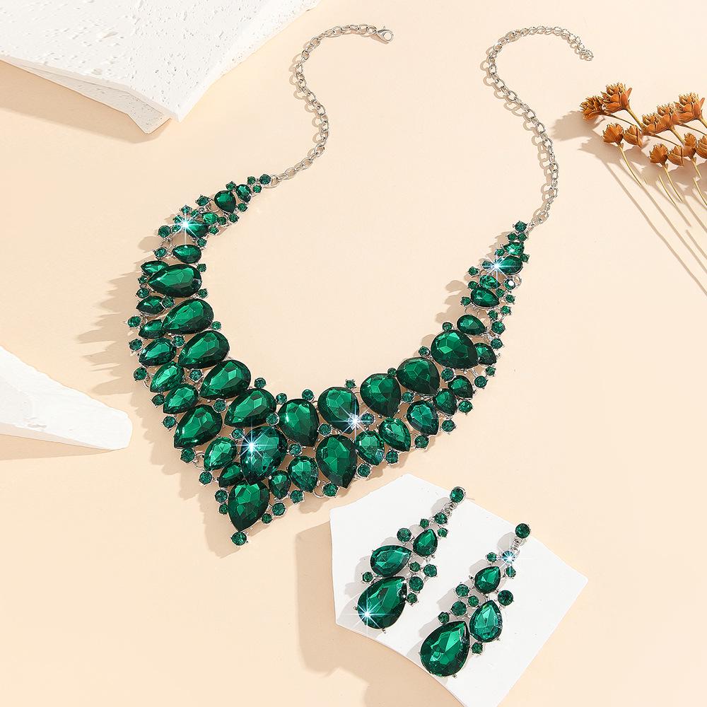 European Grand Green Crystal Necklace & Earring Set for Bride