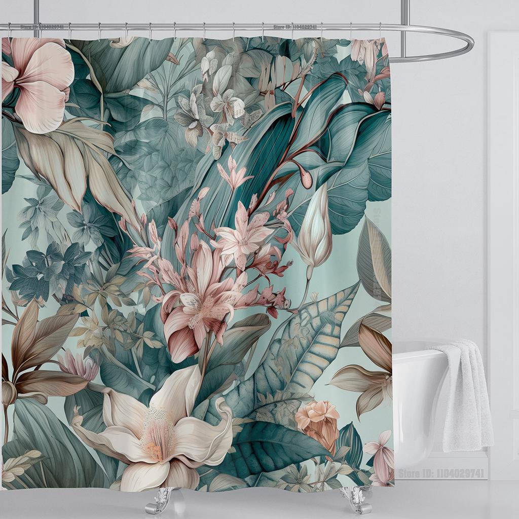 Aquatic Plants Floral Shower Curtain Waterproof Shower Curtain Polyester Fabric 3D Printed Curtain Bathroom Decoration With Hook