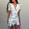 Women Sexy Flora Painted Ruffle Slim Dress Chic Deep V-neck Double Layered Ruffled Hem Dresses Lady New Daily Party Gowns