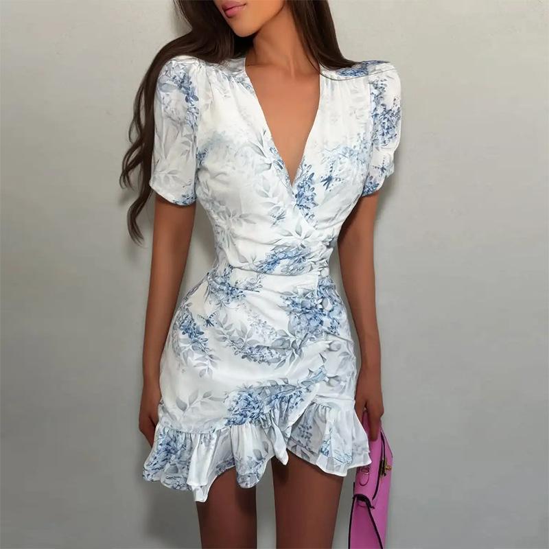 Women Sexy Flora Painted Ruffle Slim Dress Chic Deep V-neck Double Layered Ruffled Hem Dresses Lady New Daily Party Gowns