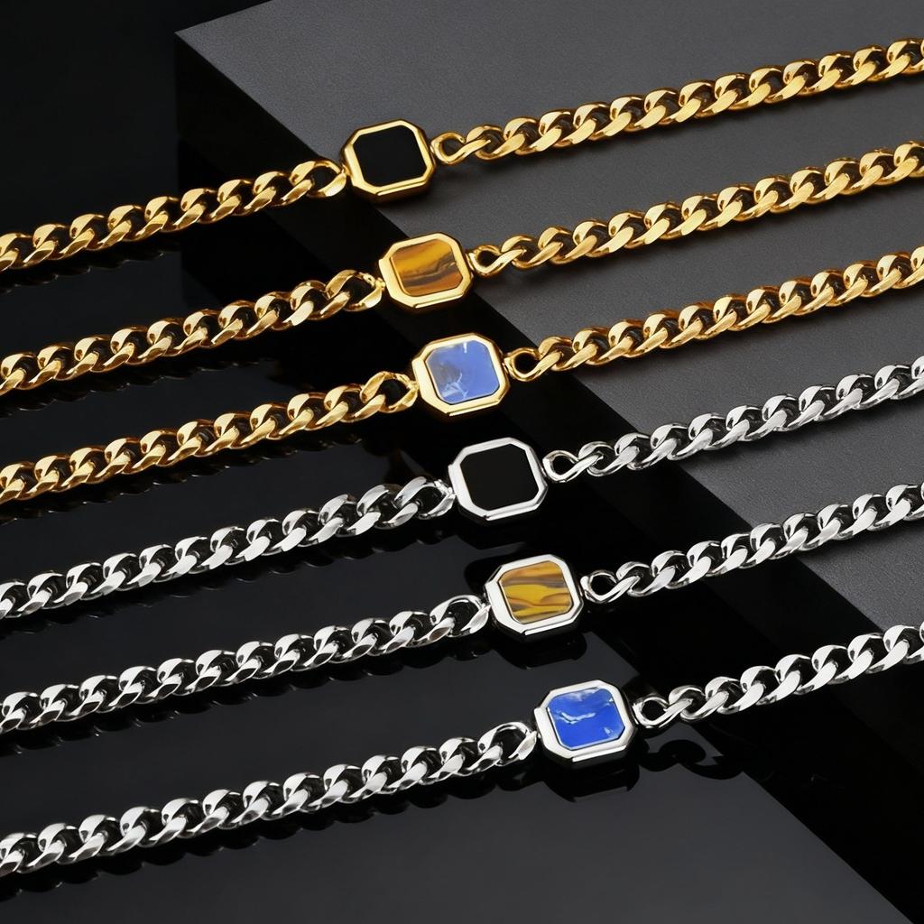 Stainless Steel Adjustable Chain Bracelet for Men, 5mm Width Natural Stone Charm Bracelets, Fashion Jewelry Gift for Him Husband
