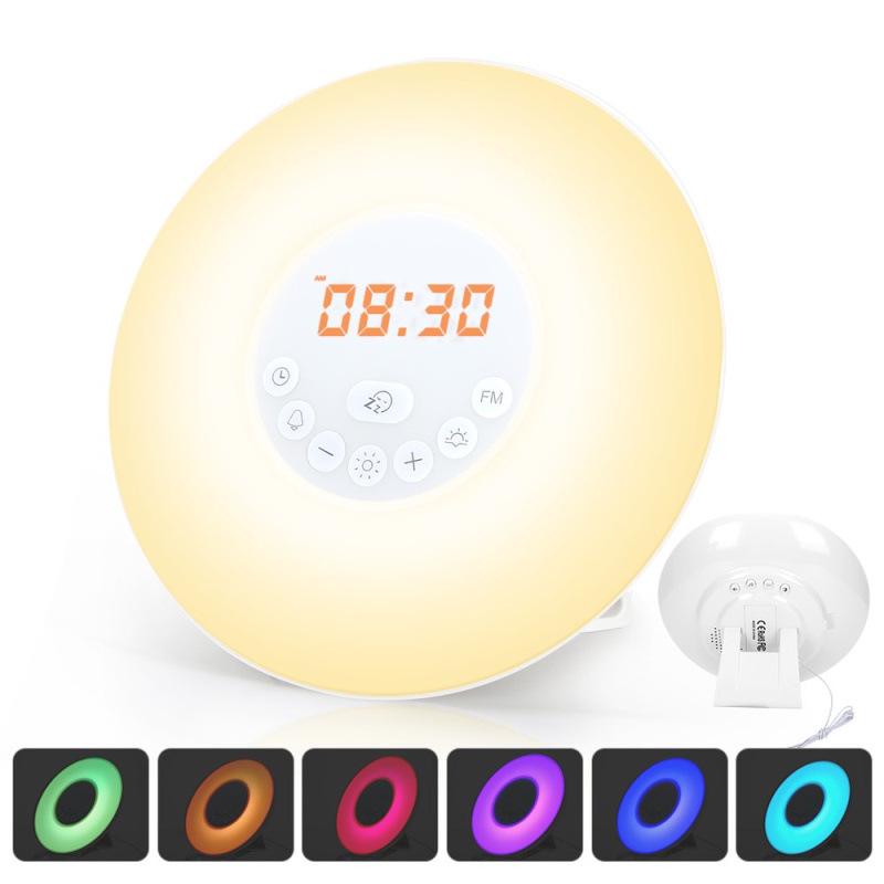 Creative Sunrise Alarm Clock with Music, Seven-Color LED, Sunset Hypnosis, FM Radio, and Night Light UK Plug