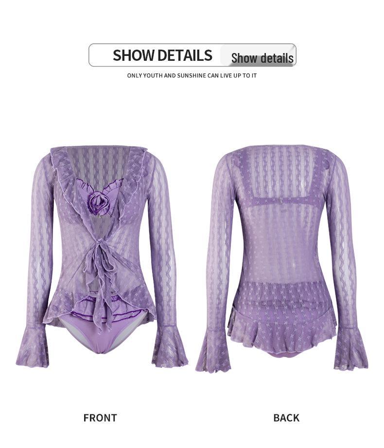 2025 Korean Sexy Gathered Swimsuit: Women's Three-Piece Set with Long-Sleeve Cover-Up