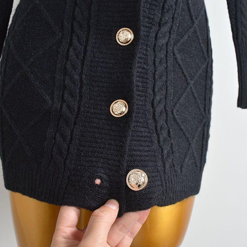 New Arrival Pure Color Stand Collar Metal Breasted Long Sleeve Knitting Dress Women's Spring Fall and Winter Waist-Tight Slim Looking Bodycon Dress