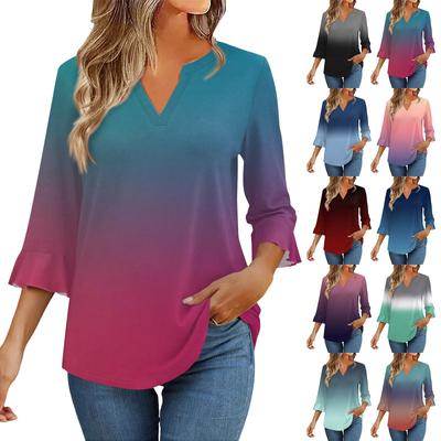 3/4 Ärmel Oberteile für Damen T-Shirt Lässig Trompetenärmel Druck Tunika V-Ausschnitt Pullover Bluse