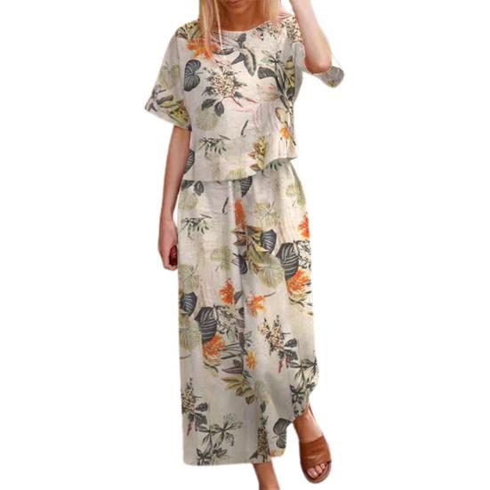 2 ks/sada Dámské tričko Kalhoty Oblek O Krk Krátký rukáv Potisk Volný Top Vysoký Elastický Pas Široká noha Deváté Kalhoty Běžné Denní nošení Sada svrchních kalhot