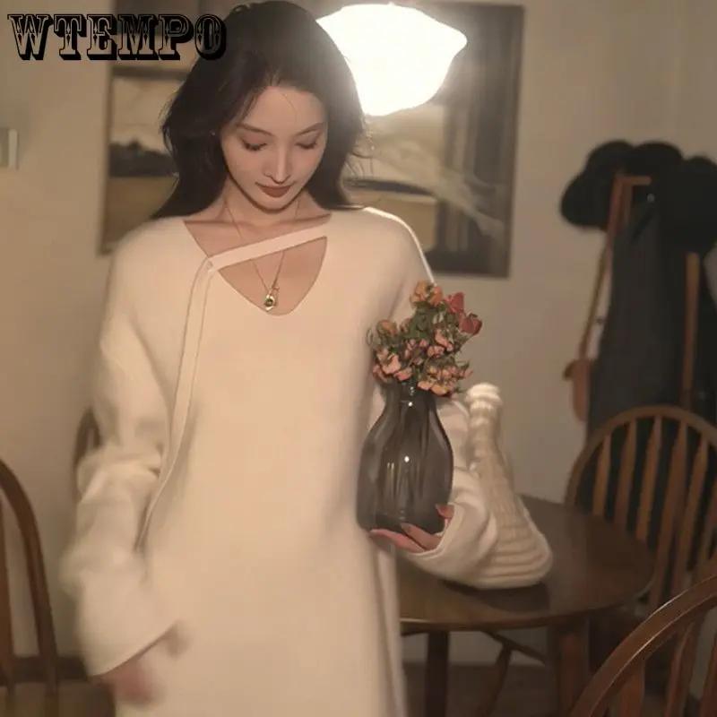 WTEMPO Women's Knitted Sweater Dresses Autumn Winter Coat Long Strap Solid Color V-neck Ribbon Korean Style Fashion Y2k