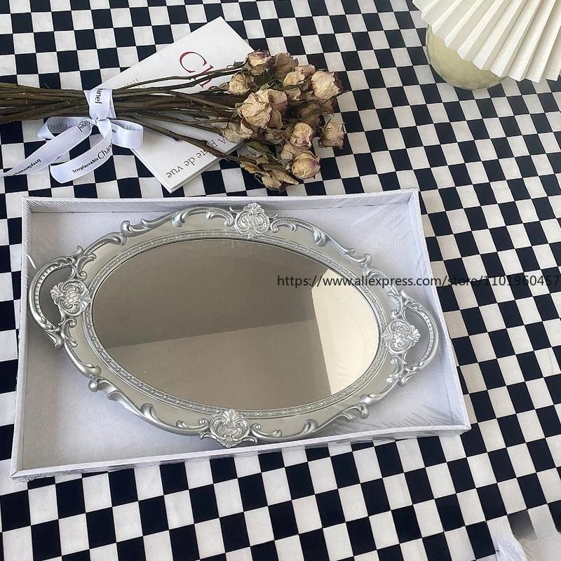 Europäischer Stil Retro Schminkspiegel Tablett Schminktisch Schmuck Kosmetik Parfüm Aufbewahrungstablett Dekoration Display Heimschmuck