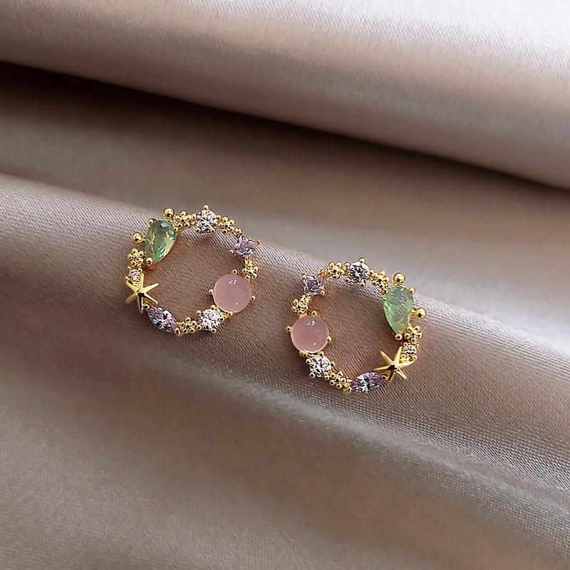 Korean New Colorful Rhinestone Wreath Stud Earrings Sweet Flower Crystal Pearl Brincos Women Party Birthday Jewelry Gift