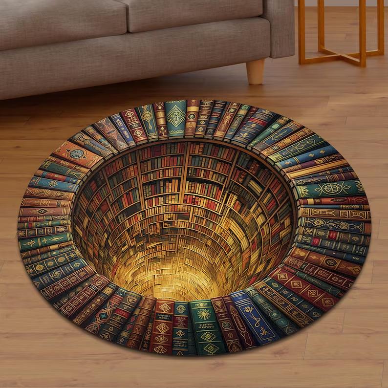 

2D Library Spiral Staircase Round Rug Vintage Book Stairwell Illusion Print Fantasy Home Decor Mat Soft Non-Slip Circular Carpet 80cm x 80cm