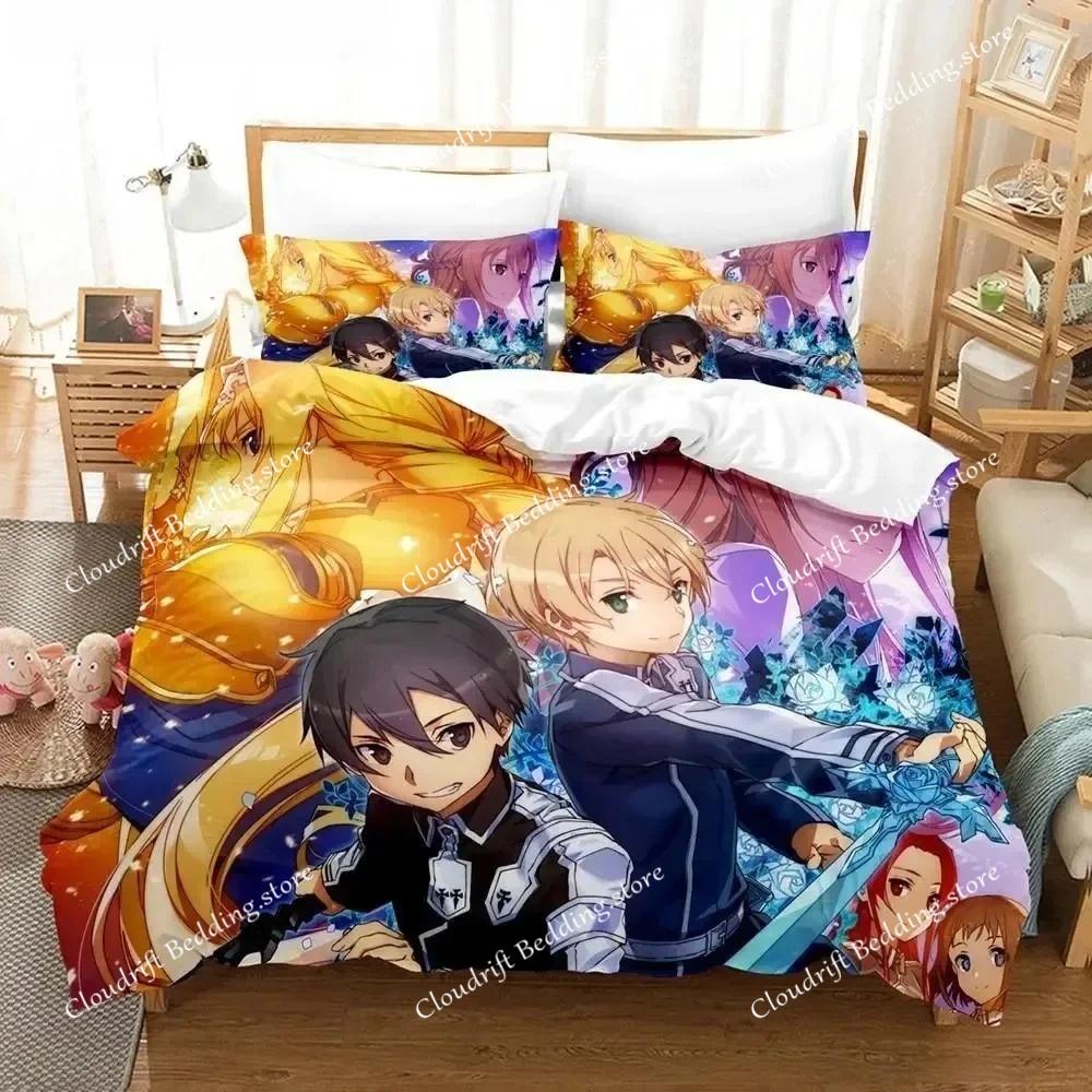 Sword Art Online Bettwäsche-Set 3D Anime-Druck Polyester Bettbezug Kissenbezüge Queen King für Kinder Geschenk Anime Bettbezug-Sets