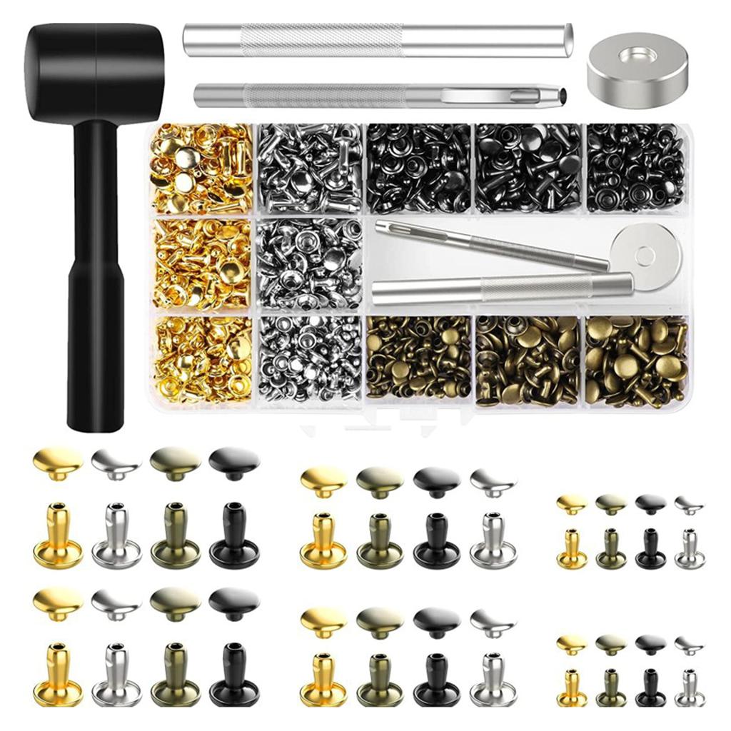 480 Sets Leather Rivets Double Caps Rivet Tubular Metal Studs with 3 Setting Tools Hammer for Leather Craft Repair