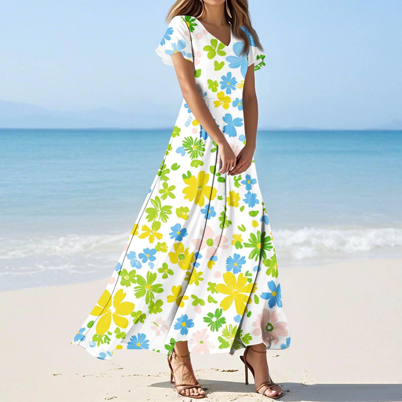 

Жіноча вільна повсякденна сукня з V-подібним вирізом, короткими рукавами та високою талією, принтована XL жовтий