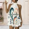 Women Plus Size Halter Backless Fake Two Piece Dress Sun Wave Heartbeat Element Print Mini Dress
