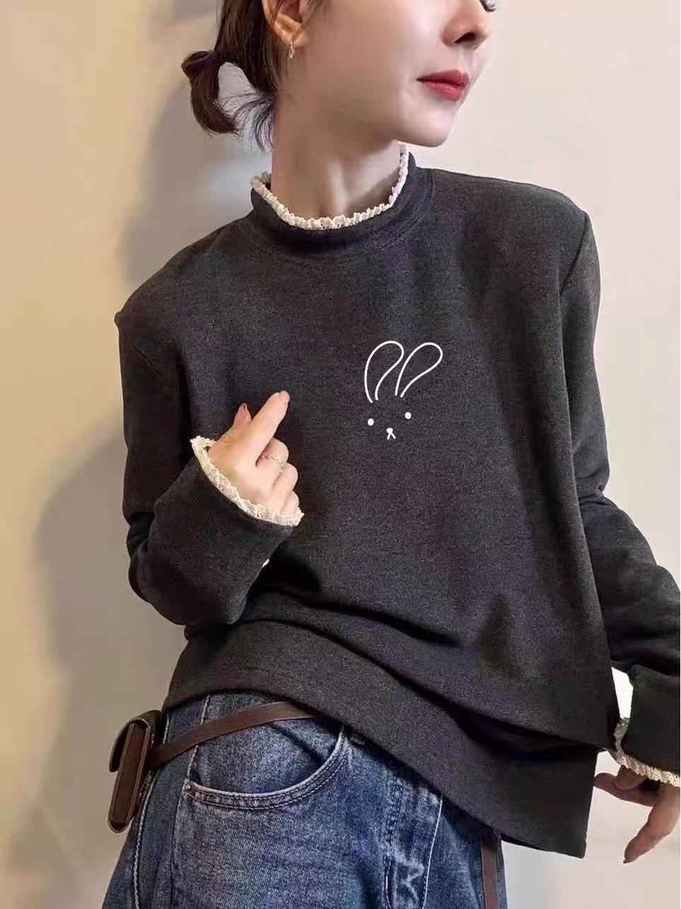 

Women s 2025 Autumn/Winter Lace Collar Plus Velvet Turtleneck Long Sleeve T-Shirt XXL темно-сірий
