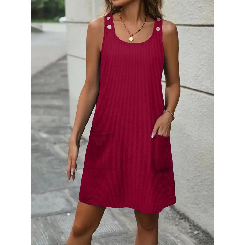 

YYFS Женская мода лето весна однотонный принт без рукавов U-образный вырез свободная талия повседневные платья XXL бордовый