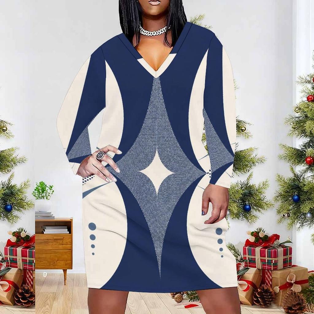 Women Plus Size V Neck Long Sleeve Abstract Printed Fitted Midi Dress