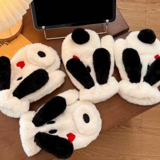 Cute Plush Dog Mittens Women Men Big Ear Dog Gloves Warm Fuzzy Animal Mittens for Winter Outdoor Street Daily Errands