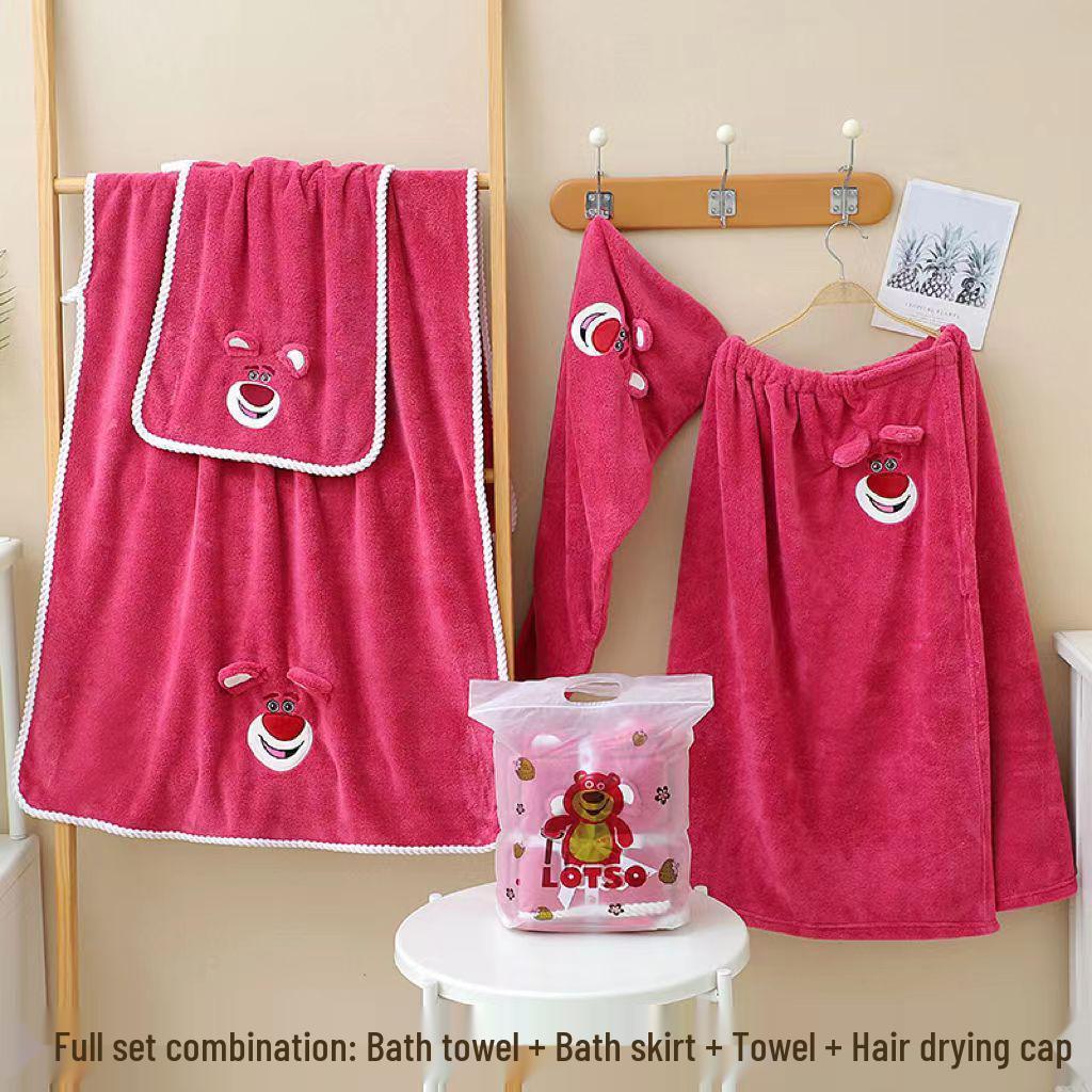 Strawberry Bear Coral Fleece Bath Set: Towel, Bathrobe, Hair Drying Cap - Soft & Absorbent.
