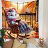 Cozy Cat Reading on Autumn Balcony Patterned Tapestry Decorative Wall Hanging, Home Bedroom Living Room Decor