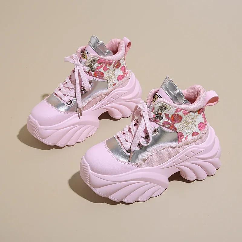 Fashion New Women Casual Platform Sneakers 8.5CM High Heels Autumn Sports Leather Shoes Breathable Trainers Chunky Zapatos Mujer