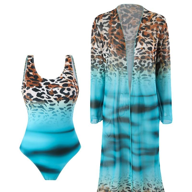 

Women s Leopard & Turquoise Gradient 2 Piece Beach Set Swimsuit with Cover UpCasual S