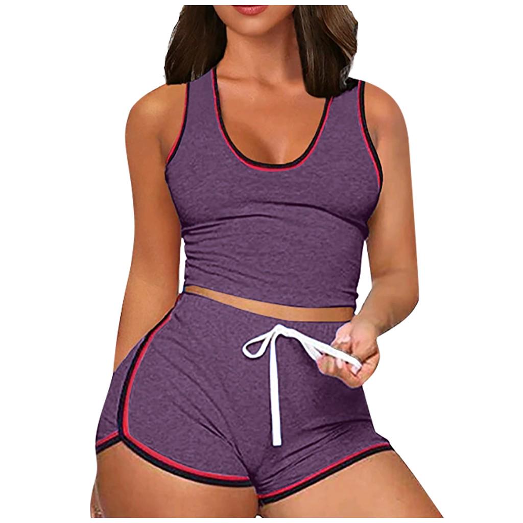 

Женский комплект из 2 предметов без рукавов, повседневные короткие брюки, повседневная спортивная одежда M фиолетовый