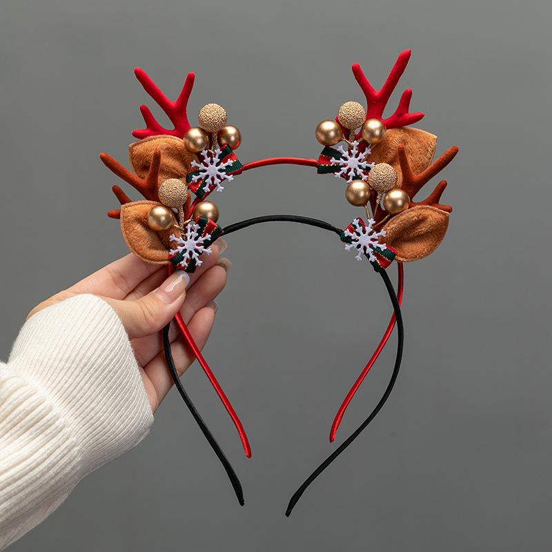 Christmas Deer Antler Headband Red Forest Style, Festive Reindeer Hair Band for Women Girls Children Holiday