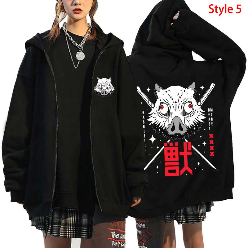 Hot Anime Demon Slayer Hashibira Inosuke Printed Hooded Men Women Zipper Hoodies Oversized Pullover Harajuku Manga Sweatshirt