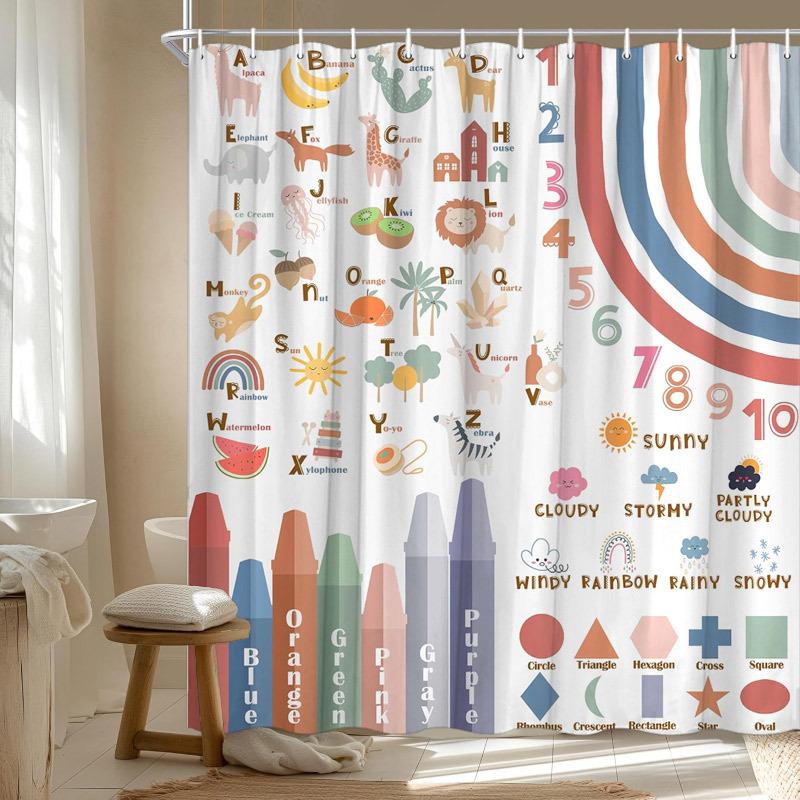 1Pc Pastel Alphabet Shower Curtain - Animals, Fruits & Weather, Educational Design, Polyester, 70.8X70.8", Playful Learning