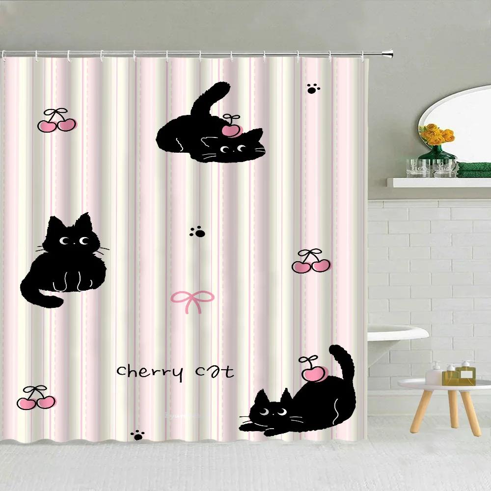 

Japanese Black Pink Cute Cherry Cat Bath Curtain for Quarto Curtains in the Bathroom Accessories Shower Folding Partition Home W90XH180cm