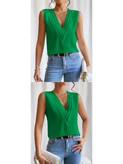 European and American Women's Summer V-Neck Layered Solid Color Top