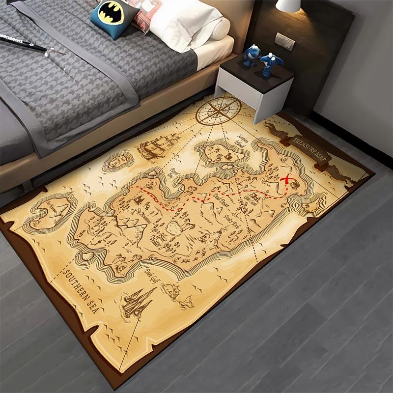 Treasure Map Pattern Carpet for Living Room, Pirate Adventure Decor Suitable for Use As an Anti-slip for Living Room Bedroom Sofas