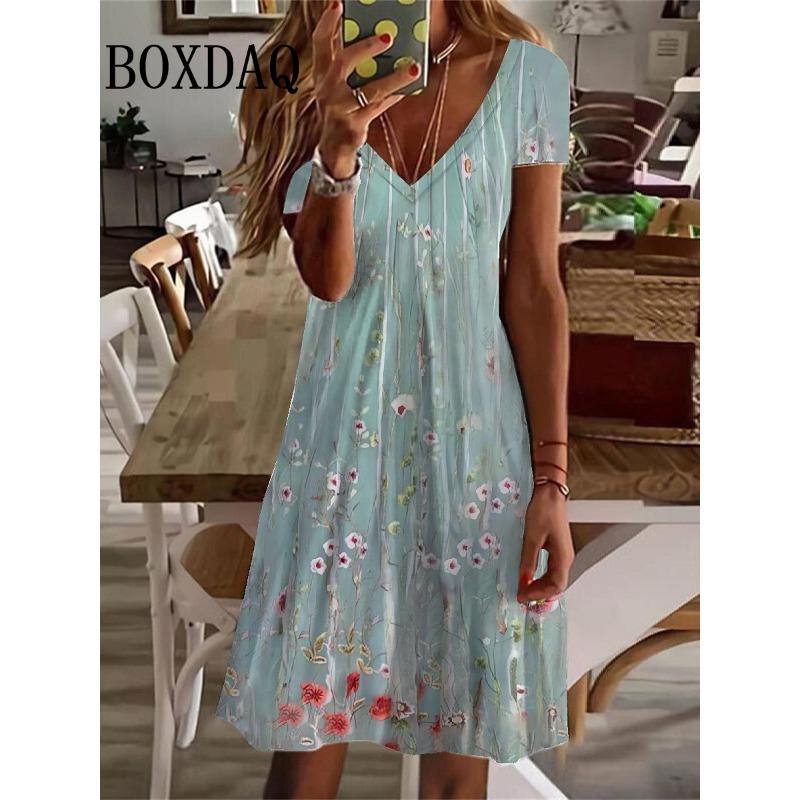 Summer Dress For Women New Sundress Vintage Floral Printed Dress Female Clothes Elegant Casual V-Neck Short Sleeve Party Dresses