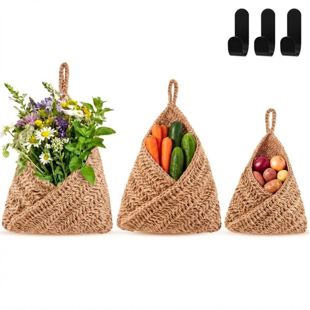 3PCS/SET Hand Woven Fruit Vegetables Basket Cotton Rope Wall Mounted Kitchen Storage Basket Breathable Mesh Pocket Fruit Net Bag