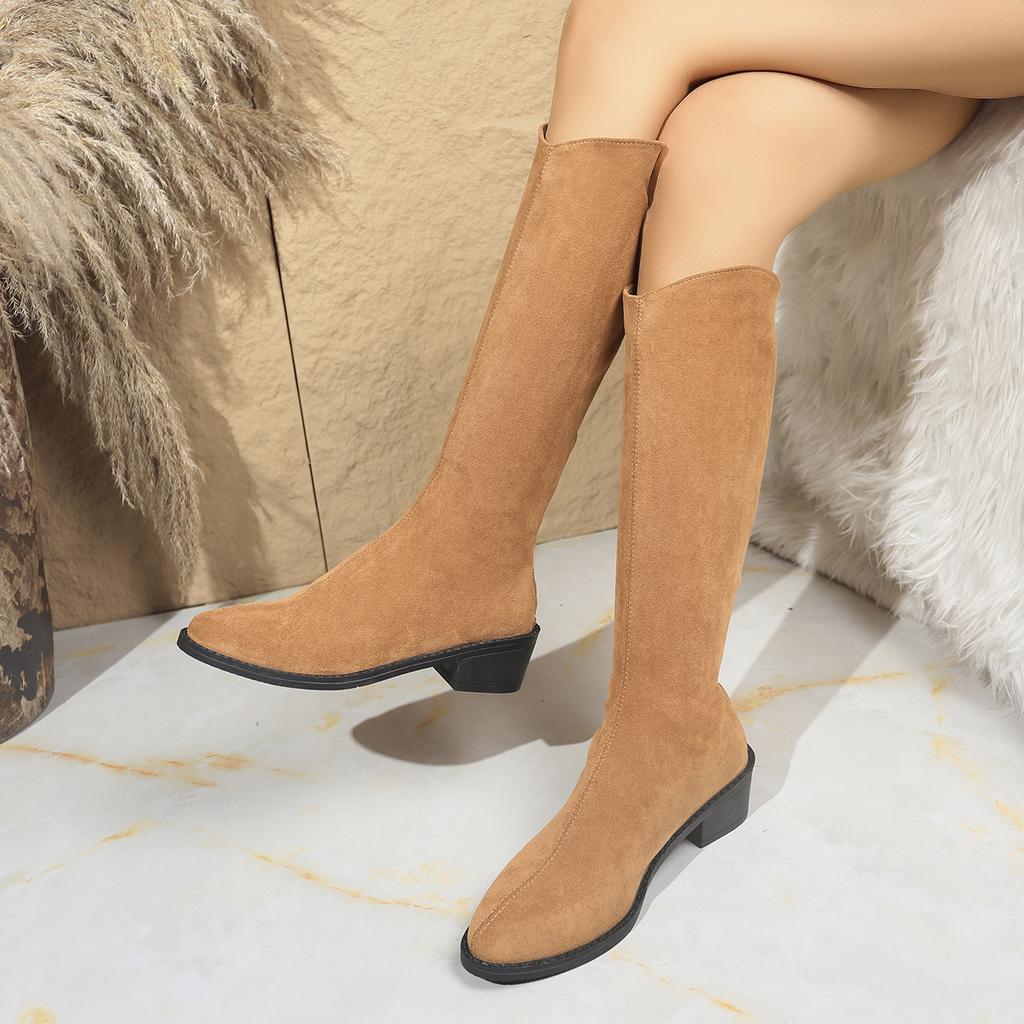 Winter Pointed Suede Square Heel Sexy Casual Knee High Boots Fashionable New Comfortable Anti Slip Motorcycle Boots for Women