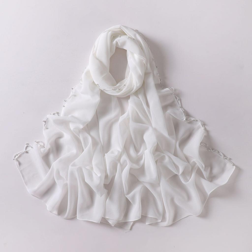 Pearl Edge Chiffon Hijab Scarf Women Muslim Long Shawl Soft Plain Head Wrap Beaded Border Lightweight Islamic Turban