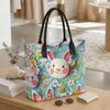  Cute Rabbit Floral Print Canvas Tote Bag Casual Large Capacity Daily Shopping Shoulder Bag for Women Girls
