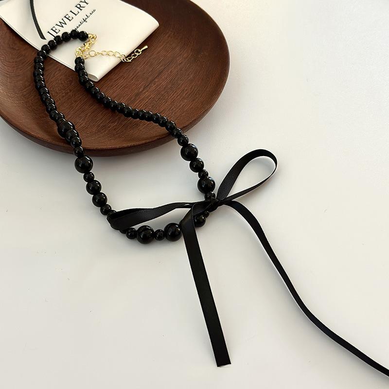Black Ribbon Bow Pearl Necklace Women's Fashion Summer Light Luxury Niche Collarbone Chain Neck Chain Collar Accessories