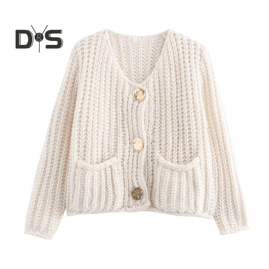 Knit Cropped Cardigan Sweater V-Neck Long Sleeve Buttons Down Loose Fit Sweater Coat with Pockets Solid Color Knitwear