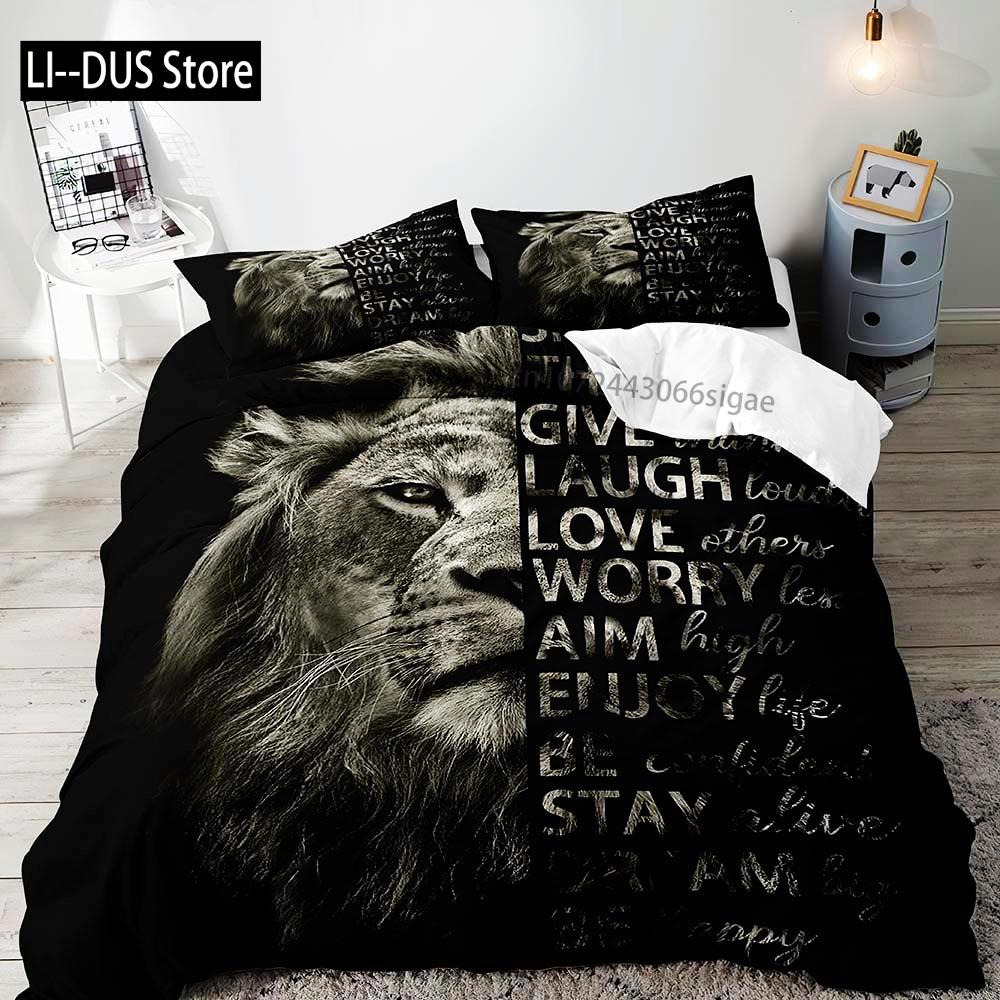 3PCS Lion King & Queen Bedding Set African Safari Animal Black Bedding Comforter Cover Bedroom Decor for Couples Full Size